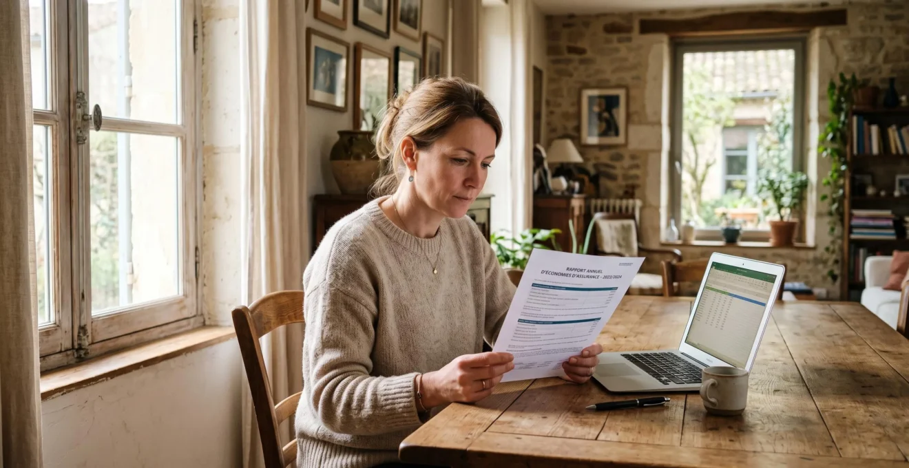 Une femme lit attentivement son relevé annuel d'assurance vie à domicile.