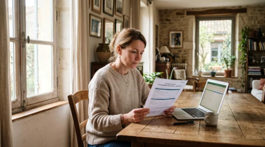 Une femme lit attentivement son relevé annuel d'assurance vie à domicile.